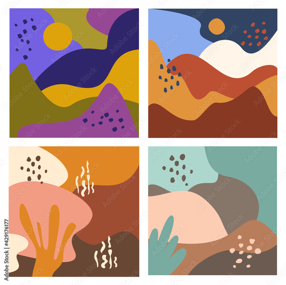 set of abstract wavy hills textures, square art prints, vector illustration