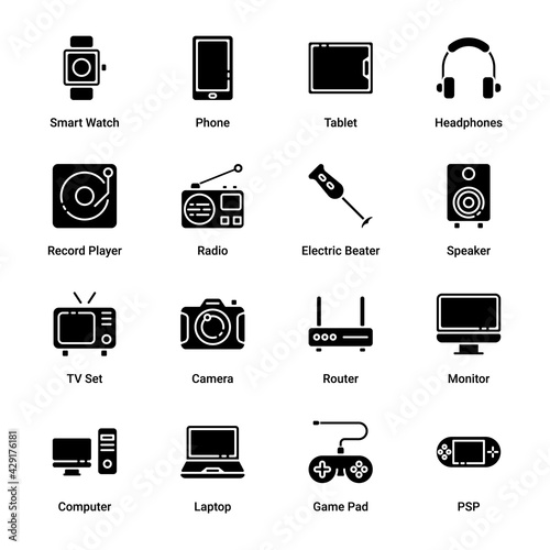 Electronics‌ ‌and‌ ‌Appliances‌ Glyph Icons - Solid, Vectors