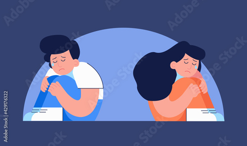 A lonely men and women sitting on the floor crying