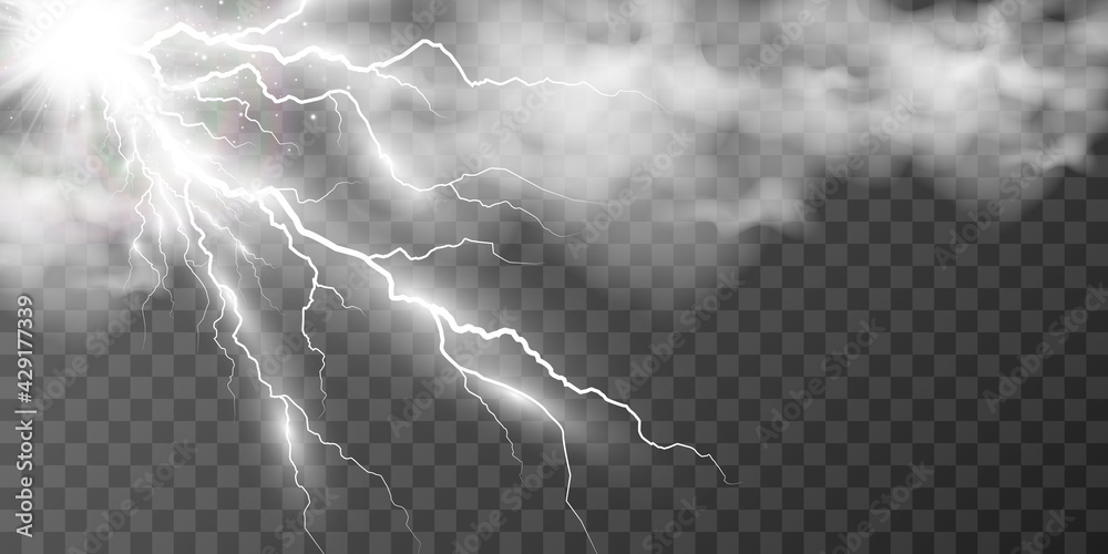 Vector image of realistic lightning. Flash of thunder on a transparent background.