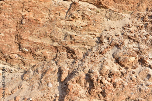 Land structure in open pit mining. Ground background in quarry. Rock texture during earthworks. Sand background and Earth's crust.