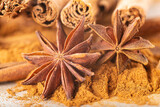 Cinnamon sticks and powder with star anise on copy space