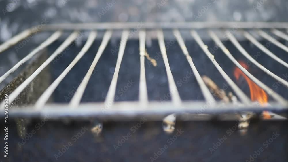 the open charcoal grill is prepared for cooking fish. There is a small smoke and a flame of fire. Close-up. Dolly shooting. Rail the open charcoal grill is prepared for cooking fish. There is a small smoke and a flame of fire. Close-up. Dolly shooting. Rail