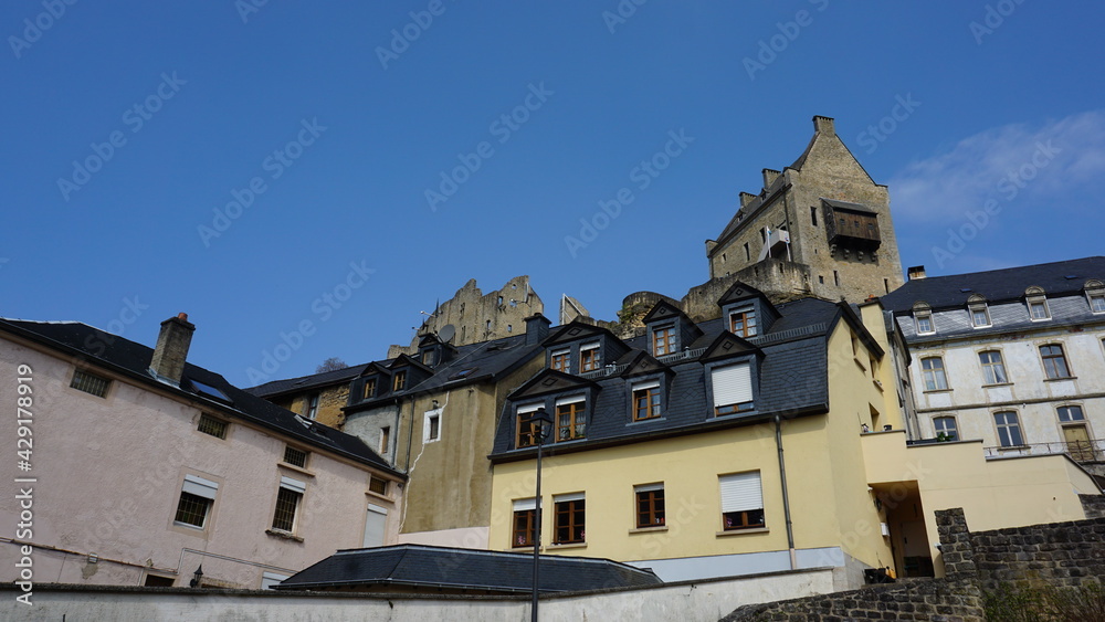 the view of the Buerg Fiels from the centre of the town Larochette in Luxembourg, April