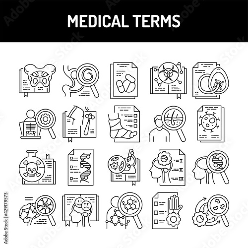 Medical terms line icons set. Isolated vector element.