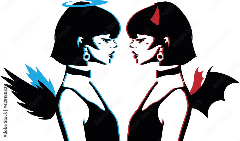 Angel and Demon - stylized profile portraits - vector Angel and Demon - stylized profile portraits - vector