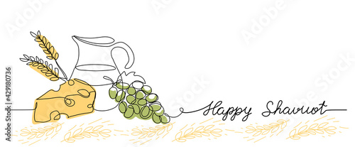 happy Shavuot vector web banner background. One continuous line drawing illustration with lettering happy Shavuot photo