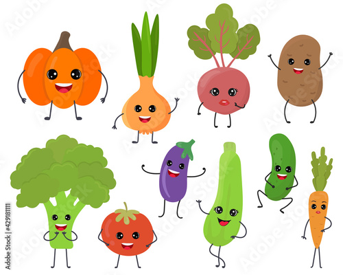 Set of cute funny cartoon vegetable characters kawaii style isolated on white background. Beetroot, potato, cucumber, tomato, eggplant, zucchini,  carrot,  broccoli, pumpkin, onion.