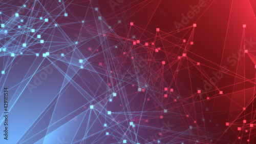 Abstract red blue polygon tech network with connect technology background. Abstract dots and lines texture background. 3d rendering.