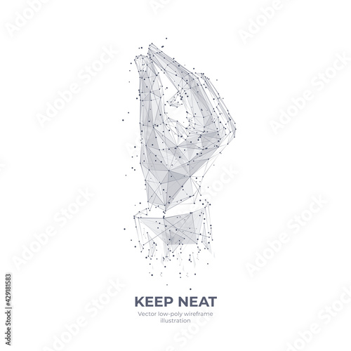 Digital 3d hand holding something tiny. Keep neat, hand gesture concept. Abstract vector human wrist, palm isolated in white. Low poly sketch drawn wireframe with connected dots, lines and triangles 
