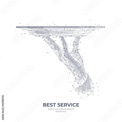 Abstract 3d hand holding plate isolated in white. Digital vector wireframe of waiter carrying dish . Best service in restaurant or hotel concept. Low poly sketch drawing with dots, lines and shapes 