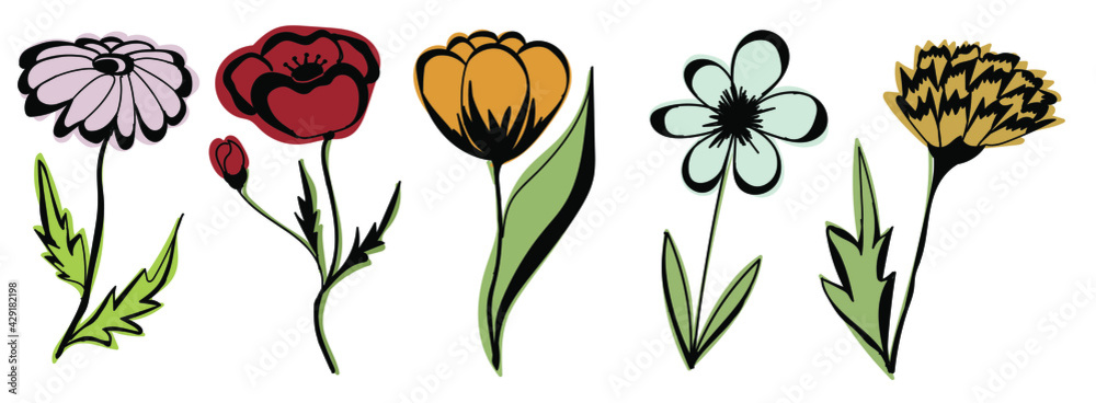 Spring flowers. Simple hand-drawn doodle style illustration. Isolated on white background Spring flowers. Simple hand-drawn doodle style illustration. Isolated on white background