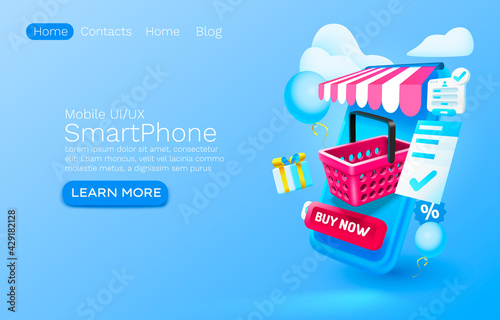 Smartphone shopping app banner concept, place for text, buy online application shop, authorization mobile service. Vector