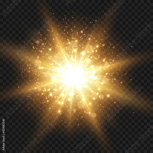 Starburst with sparkles and rays. Golden light flare effect with stars and glitter isolated on transparent background. Vector illustration of shiny glow star with stardust and big ray, gold lens flare