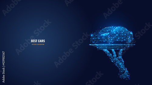 3d hand holding car on the plate. Abstract vector illustration in dark blue. Best cars, auto center, rental or sale concept. Digital polygonal mesh wireframe with dots, lines, shapes and glowing stars