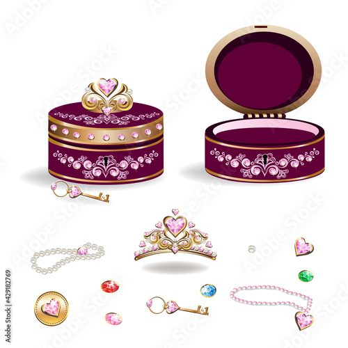 Jewelry box with tiara, pearls, pink gems and key for a beautiful princess. Fairy tale vector illustration of princess jewels.