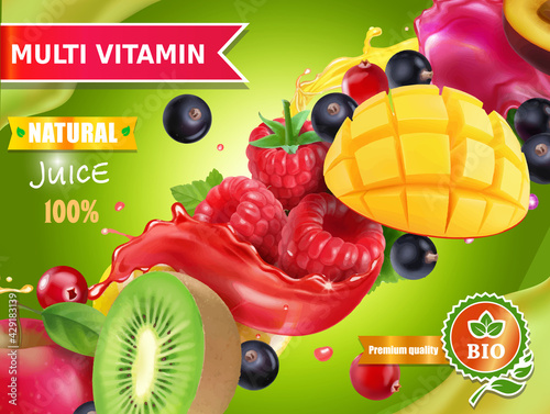 Mix fruits and berries juice advertising. Apple, kiwi, Strawberry, raspberry, currant in juice splash realistic vector, package design