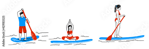 A set of diverse people enjoying stand-up paddles. Rowing yoga, sup board, water recreation, summer water sports. Flat vector illustration. doodle, doodle