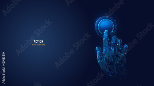 3d hand with index finger pressing or pushing button. Action or gesture concept in dark blue. Abstract vector image looks like starry sky. Digital polygonal wireframe with dots, lines and shapes 