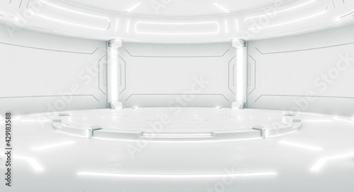 Futuristic interior with empty stage. Modern Future background. Technology Sci-fi hi tech concept. 3d rendering