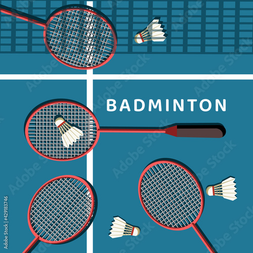 Badminton background vector illustration, illustration of badminton equipment, and badminton court