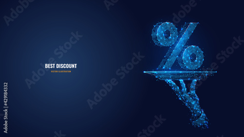 3d hand holding plate with percent sign in dark blue. Best discount or offer, sale concept. Digital polygonal wireframe with dots, lines and shapes. Abstract vector illustration looks like starry sky 