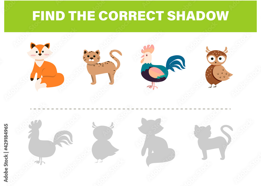 Find the correct shadow. Cute animals. Educational game for kids. Collection of children's games. Vector illustration in cartoon style