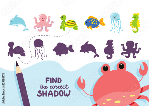 Find the correct shadow. Cute sea animals. Educational game for kids. Collection of children s games. Vector illustration in cartoon style