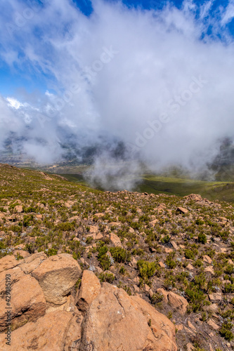 Ethiopian Bale Mountains National Park landscape. Ethiopia wilderness pure nature. Sunny day with blue sky and mist.