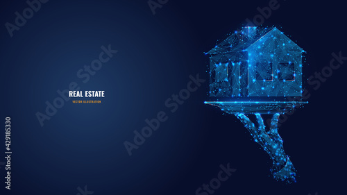 3d hand holding house icon on plate. Abstract vector agents arm and home in dark blue. Real estate, rental, sale or investment concept. Digital low poly wireframe with dots, lines, shapes and stars 