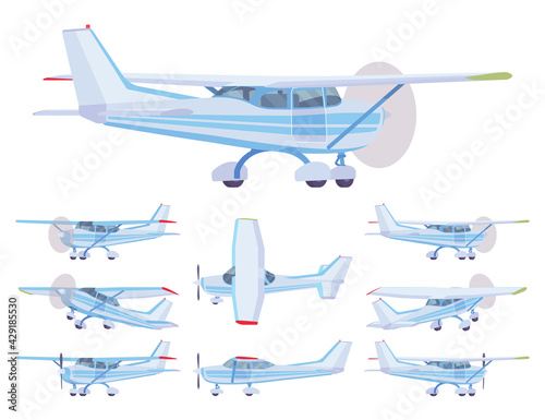 Light aircraft, blue stripe plane livery set. Small regional logistics, mobility and transportation. Vector flat style cartoon illustration isolated on white background, different views and positions