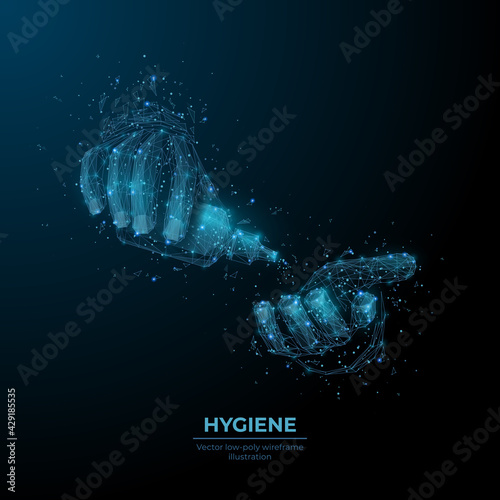 Abstract 3d hands using sanitizer in dark blue. Digital vector antiseptic bottle. Hygiene, disinfection, prevention virus, germs and infection concept. Low poly wireframe with dots, lines and shapes