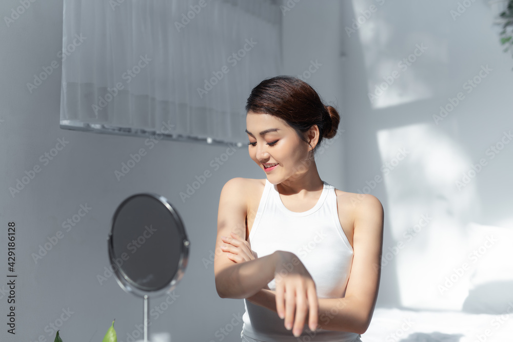 beauty asia girl using makeup and cosmetic for smooth and silky, wellness and health concept. beauty asia girl using makeup and cosmetic for smooth and silky, wellness and health concept.