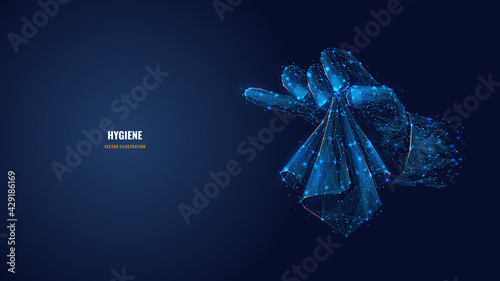 Digital 3d hand holding tissue or handkerchief. Abstract vector wireframe in dark blue. Hygiene, prevention or healthcare concept. Polygonal mesh illustration with connected dots, lines and stars 
