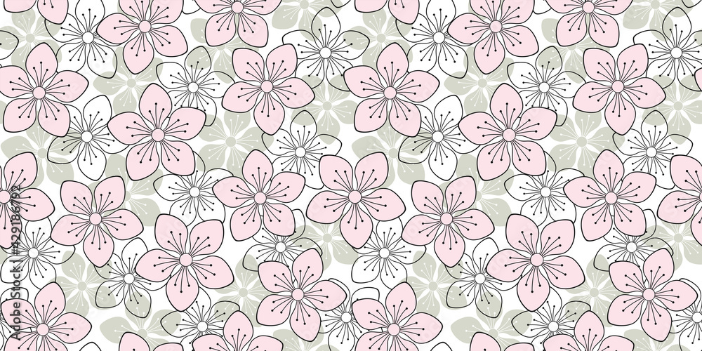 Floral endless background with soft spring flowers. Vector seamless pattern for wrapping paper, packaging, cover, wedding banner, greeting card, surface texture, website wallpaper, printing on textile