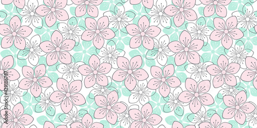 Floral endless background with colorful spring flowers. Vector seamless pattern for wrapping paper, packaging, cover, banner, greeting card, surface texture, website wallpaper and printing on clothes