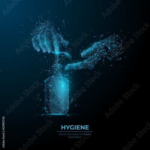 Abstract 3d hands using liquid soap or sanitizer pump dispenser in dark blue. Hygiene, disinfection, prevention virus and germs concept. Digital vector wireframe with connected dots and flying debris 