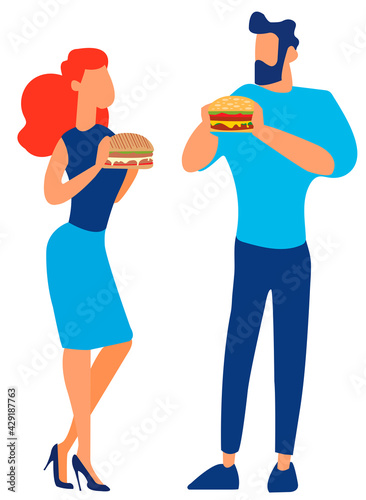 Girl and boy having a sandwich, lunch break and snacks. Simple colored silhouettes. Flat icons. Teenagers talking and eating