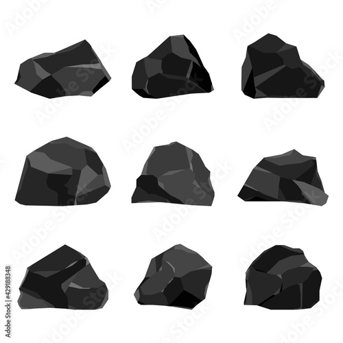 Coal black minerals vector cartoon set isolated on a white background.