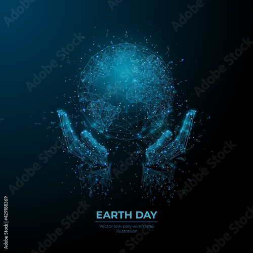 Digital 3d hands holding Earth in dark blue background. Abstract vector world globe wireframe. Earth Day, environment, save planet concept. Low poly mesh with dots, lines, stars and flying particles 