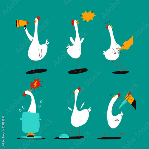 Funny weird crazy chicken vector cartoon characters set isolated on a white background.