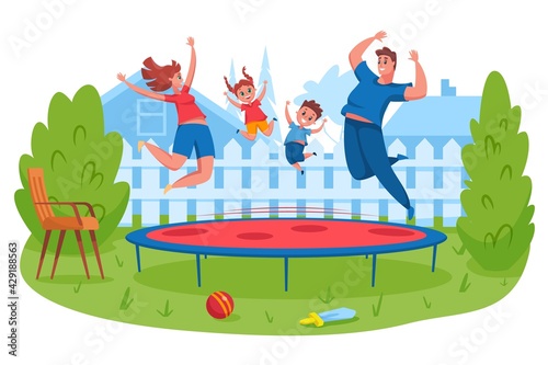Happy family jumping on trampoline. Mother and father bounce together with children. Parents spending time with kids and having fun. Outdoor backyard family activity vector. Characters entertaining