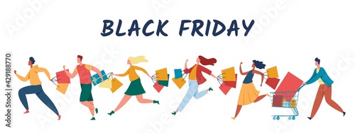People shopping on black friday sale. Crowd running with carts, paper bags. Men and women purchasing on sale. Store, mall discount season vector illustration. Characters buying goods