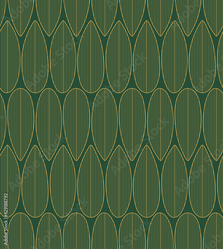 Bamboo leaves floral seamless pattern, gold on green background. Hand drawn eastern style vector illustration. Design concept for Dragon Boat Festival print, packaging, wrapping paper. Line art.