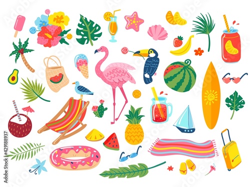 Summer elements. Cocktail drinks  soda  tropical leaves  flowers  pineapple  watermelon  flamingo  toucan. Hand drawn beach vacation doodle vector set. Collection of scrapbooking elements