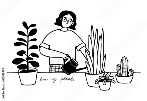 Women with a watering can watering flowers isolated on white background. Hand drawn line vector stock illustration. Concept about household chores. Girl caring for plants.