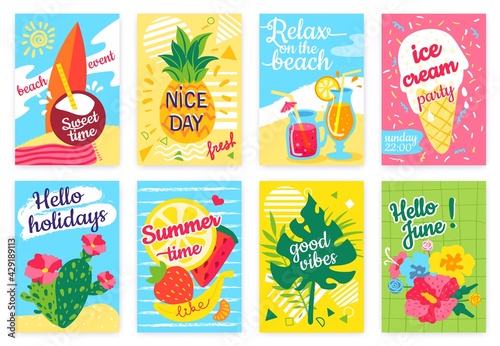 Summer poster. Beach party flyer with sea, surfboard, cocktails, pineapple, fruits, ice cream, tropical leaves. Hello holidays or vacation banner vector set. Relax on beach, nice day