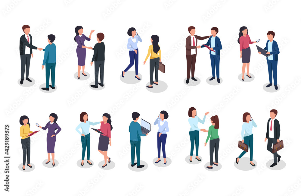 Isometric business people. Office woman, man standing, discussing corporate deal, greeting. Employees and boss, professional team 3d vector set. Characters shaking hands, holding laptop