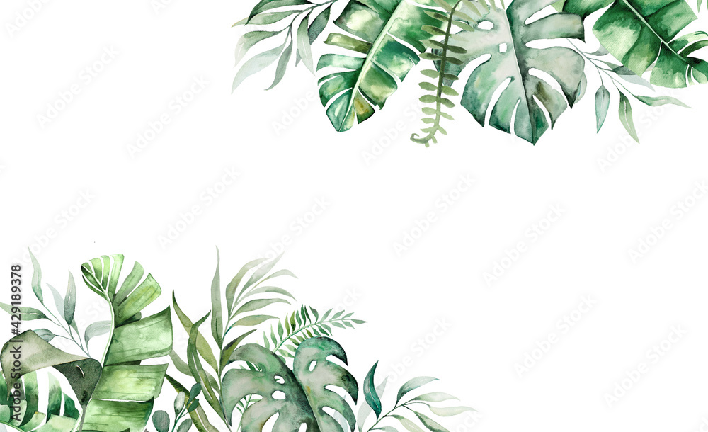 Obraz Watercolor tropical leaves border illustration