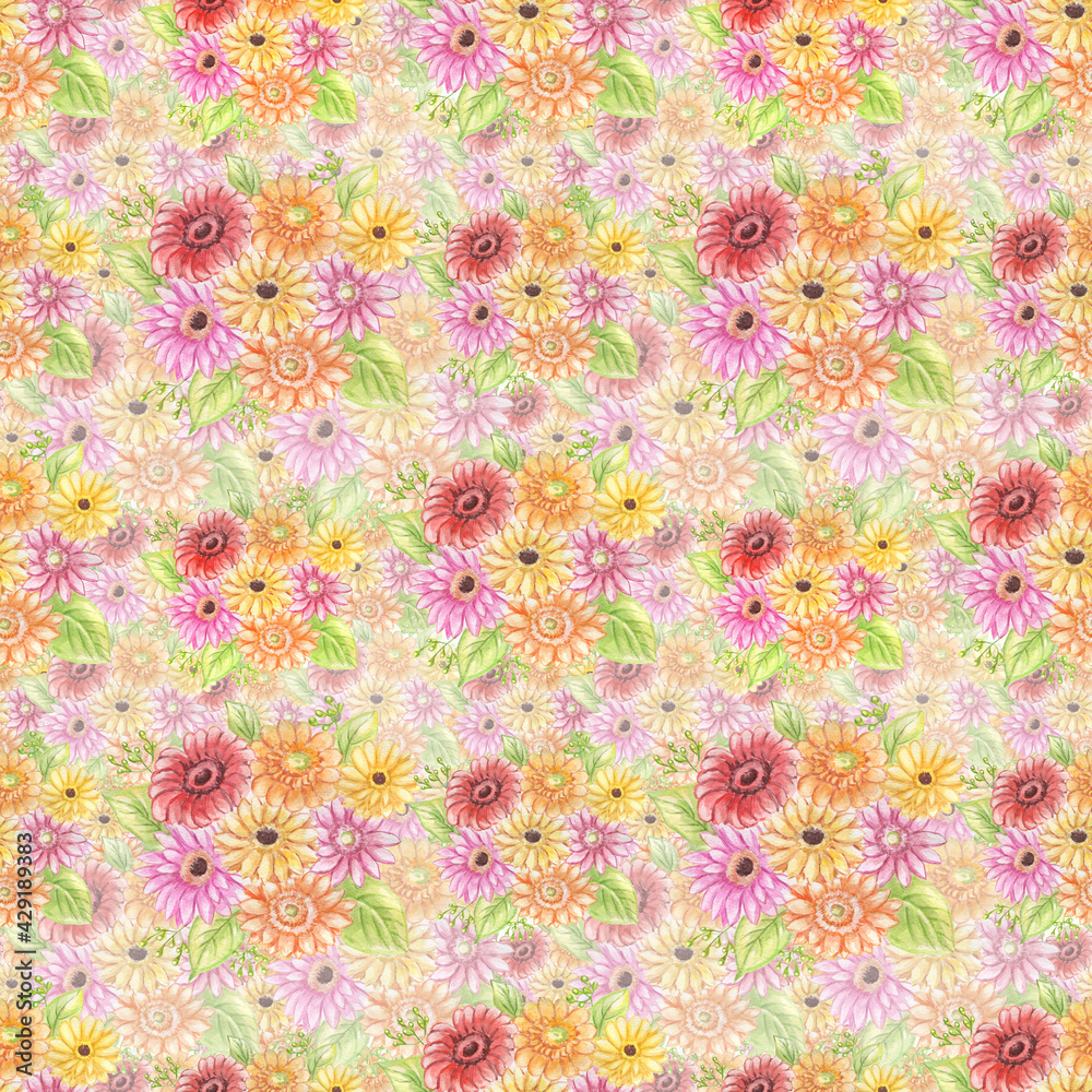 Watercolor seamless pattern with bouquet of gerberas. Good for wrapping paper, textile, wallpaper, design.